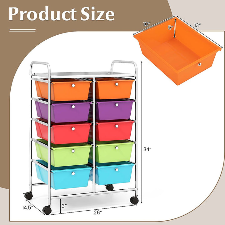 Costway 10-Drawer Storage Cart Utility Rolling Trolley Kitchen Organizer - Multicolor_3