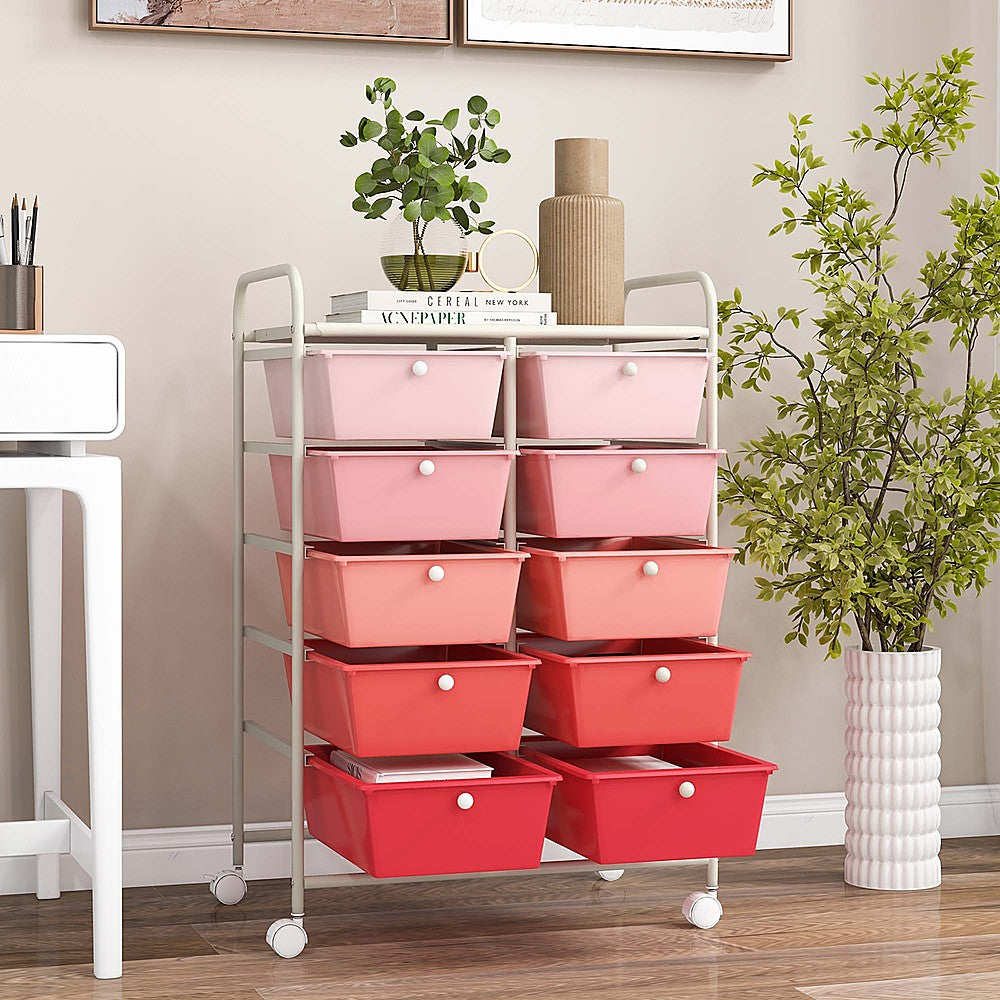 Costway 10-Drawer Storage Cart Utility Rolling Trolley Kitchen Organizer - Gradient Pink_1