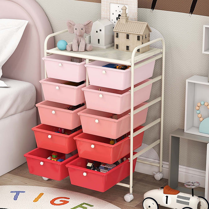 Costway 10-Drawer Storage Cart Utility Rolling Trolley Kitchen Organizer - Gradient Pink_2