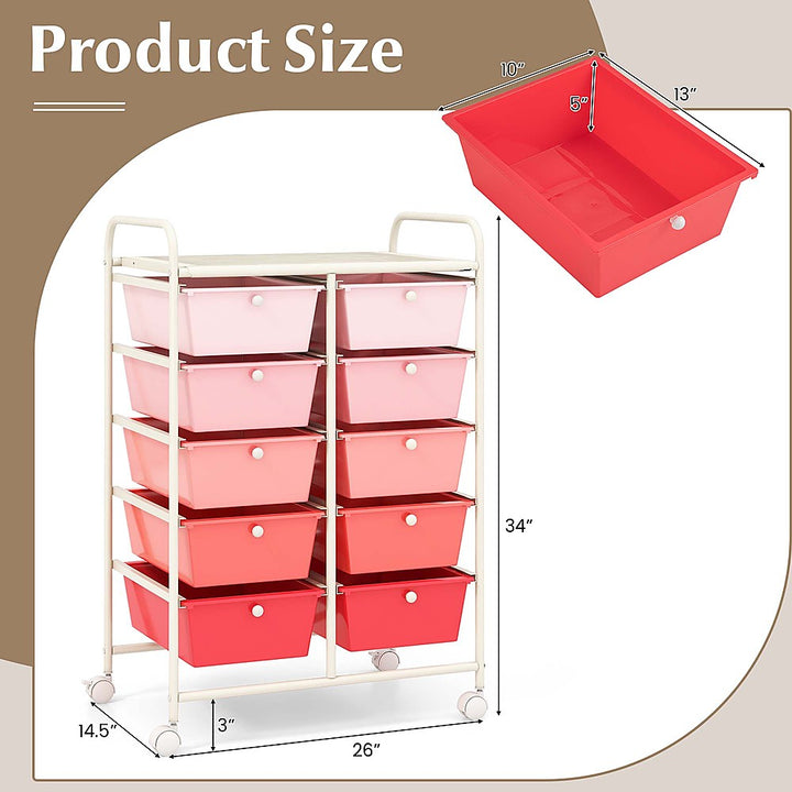 Costway 10-Drawer Storage Cart Utility Rolling Trolley Kitchen Organizer - Gradient Pink_3