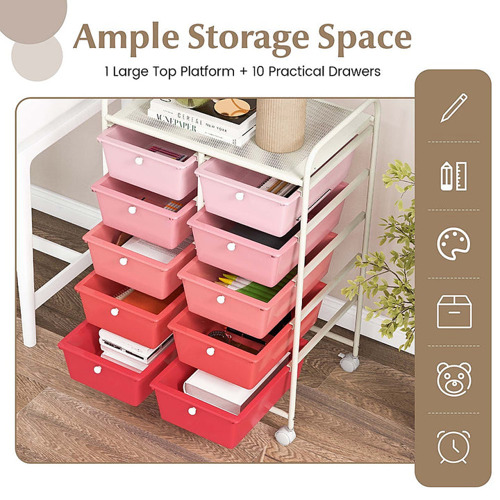 Costway 10-Drawer Storage Cart Utility Rolling Trolley Kitchen Organizer - Gradient Pink_4