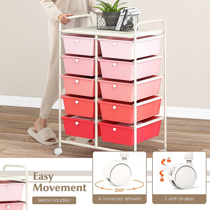 Costway 10-Drawer Storage Cart Utility Rolling Trolley Kitchen Organizer - Gradient Pink_5