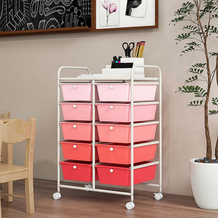 Costway 10-Drawer Storage Cart Utility Rolling Trolley Kitchen Organizer - Gradient Pink_7