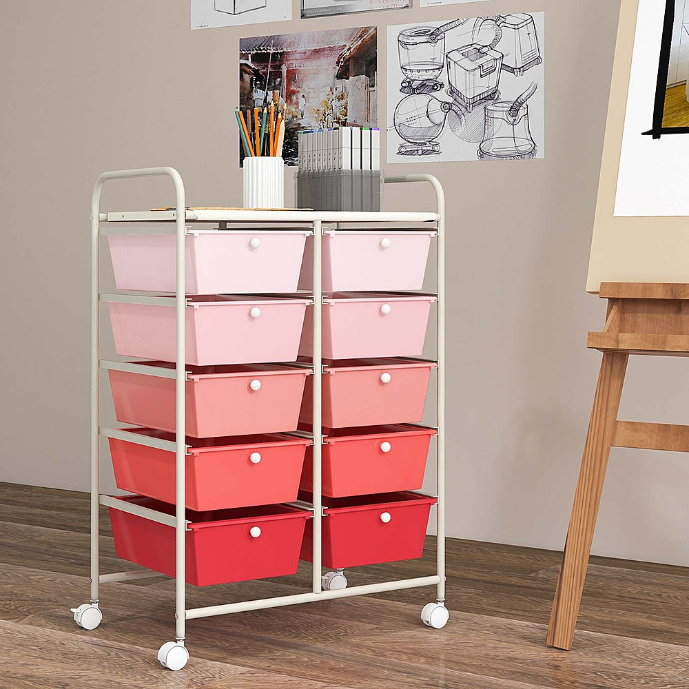 Costway 10-Drawer Storage Cart Utility Rolling Trolley Kitchen Organizer - Gradient Pink_8