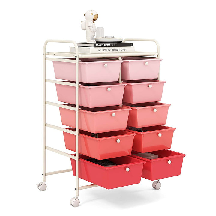 Costway 10-Drawer Storage Cart Utility Rolling Trolley Kitchen Organizer - Gradient Pink_9