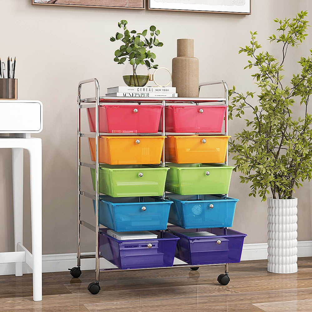 Costway 10-Drawer Storage Cart Utility Rolling Trolley Kitchen Organizer - Rainbow_1