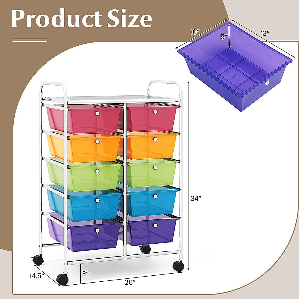 Costway 10-Drawer Storage Cart Utility Rolling Trolley Kitchen Organizer - Rainbow_3