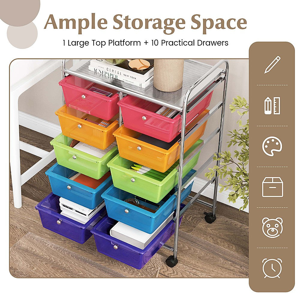 Costway 10-Drawer Storage Cart Utility Rolling Trolley Kitchen Organizer - Rainbow_4