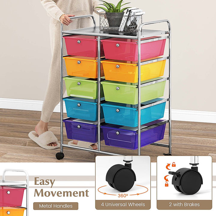 Costway 10-Drawer Storage Cart Utility Rolling Trolley Kitchen Organizer - Rainbow_5