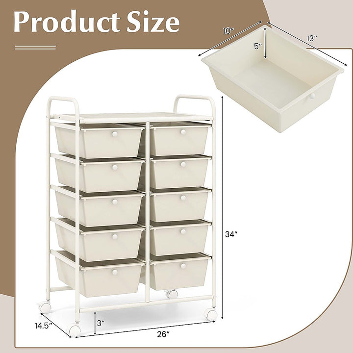 Costway 10-Drawer Storage Cart Utility Rolling Trolley Kitchen Organizer - White_3