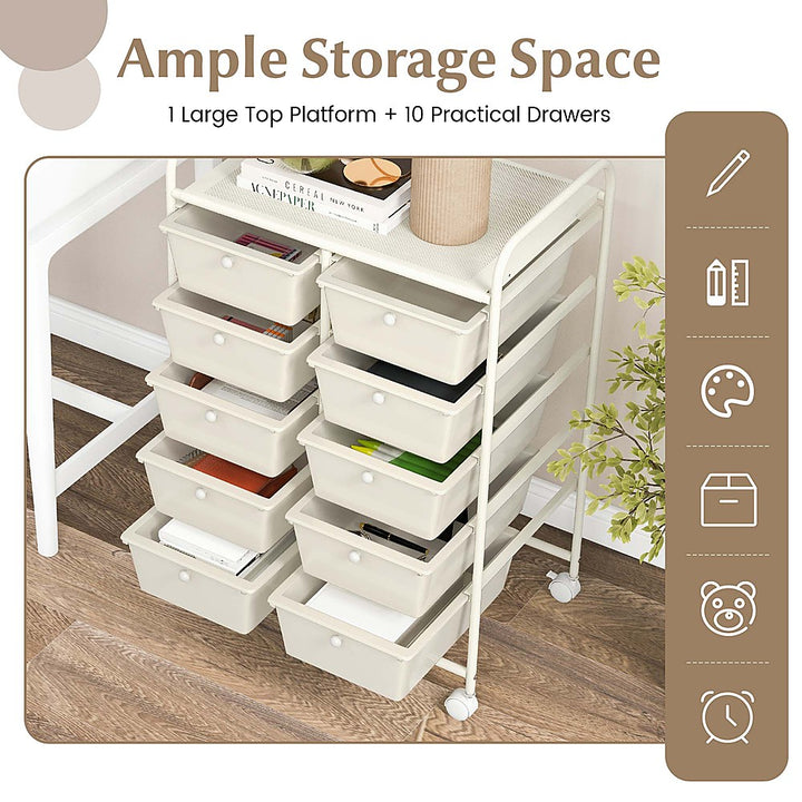 Costway 10-Drawer Storage Cart Utility Rolling Trolley Kitchen Organizer - White_4