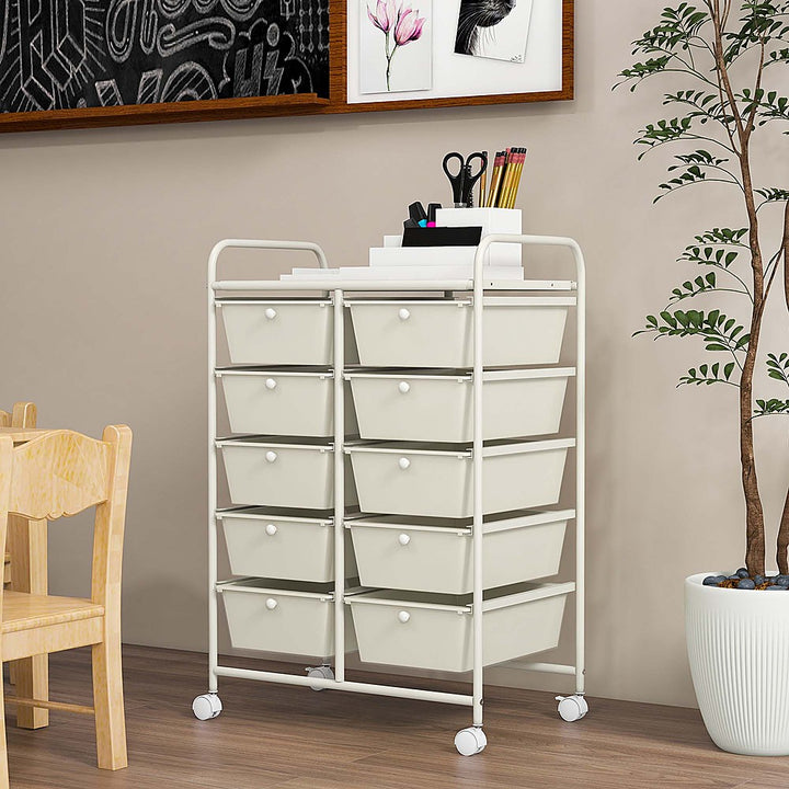 Costway 10-Drawer Storage Cart Utility Rolling Trolley Kitchen Organizer - White_7