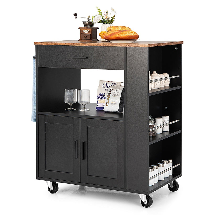 Costway Kitchen Island Cart Rolling Storage Cabinet w/ Drawer & Spice Rack Shelf - Black_0