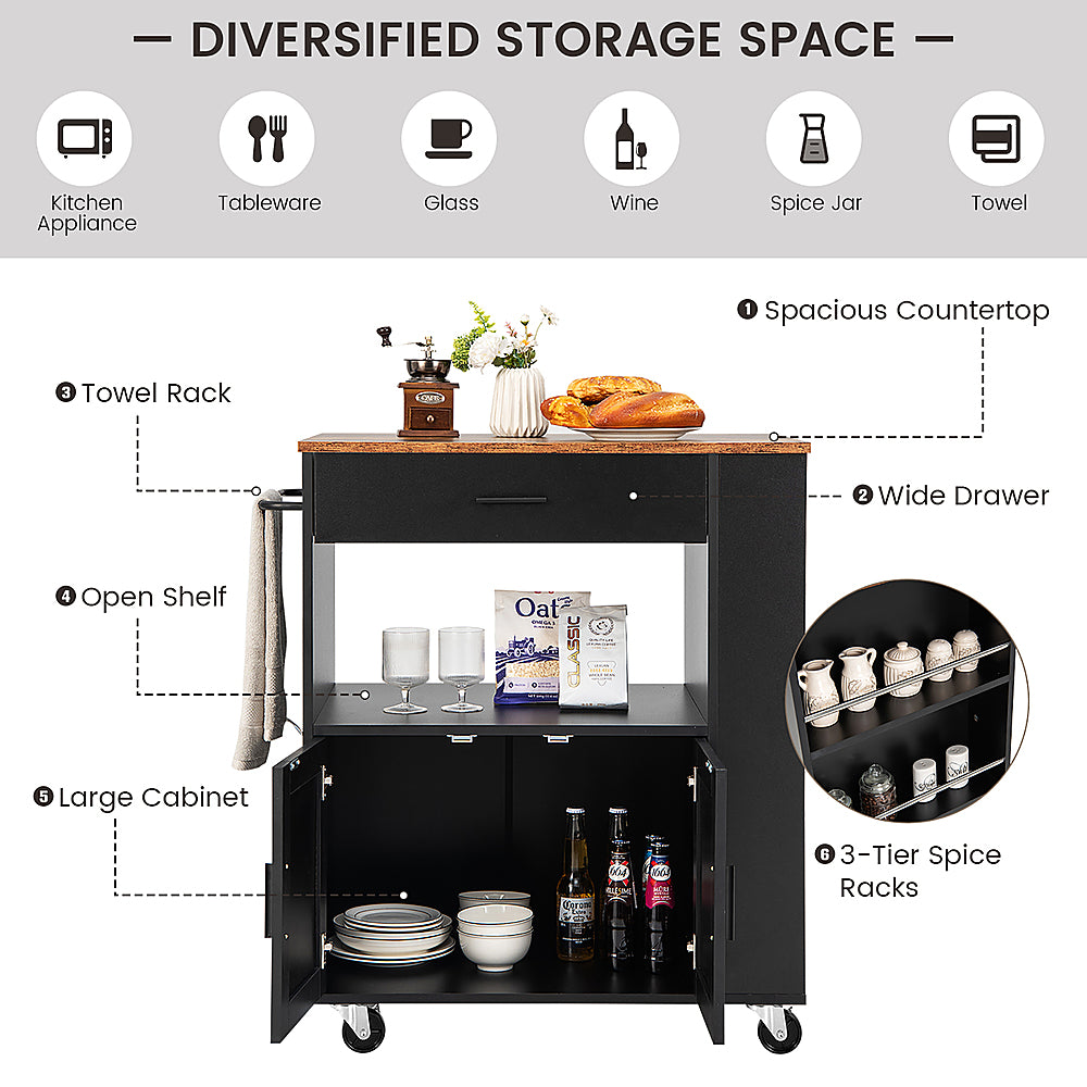 Costway Kitchen Island Cart Rolling Storage Cabinet w/ Drawer & Spice Rack Shelf - Black_6