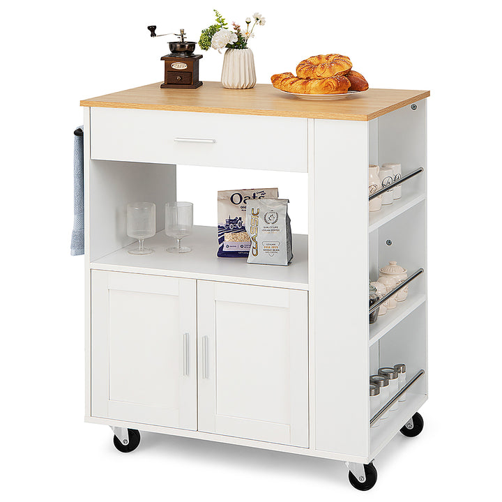 Costway Kitchen Island Cart Rolling Storage Cabinet w/ Drawer & Spice Rack Shelf - White_0