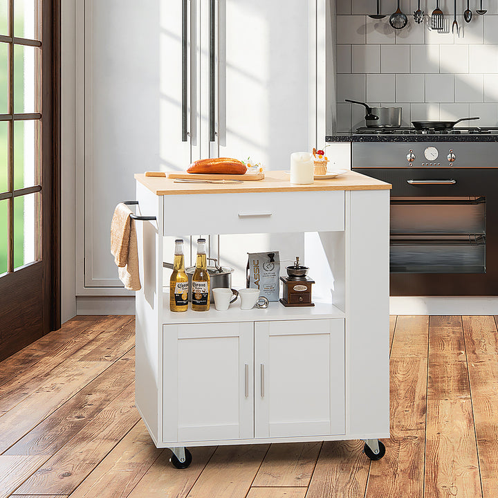 Costway Kitchen Island Cart Rolling Storage Cabinet w/ Drawer & Spice Rack Shelf - White_1