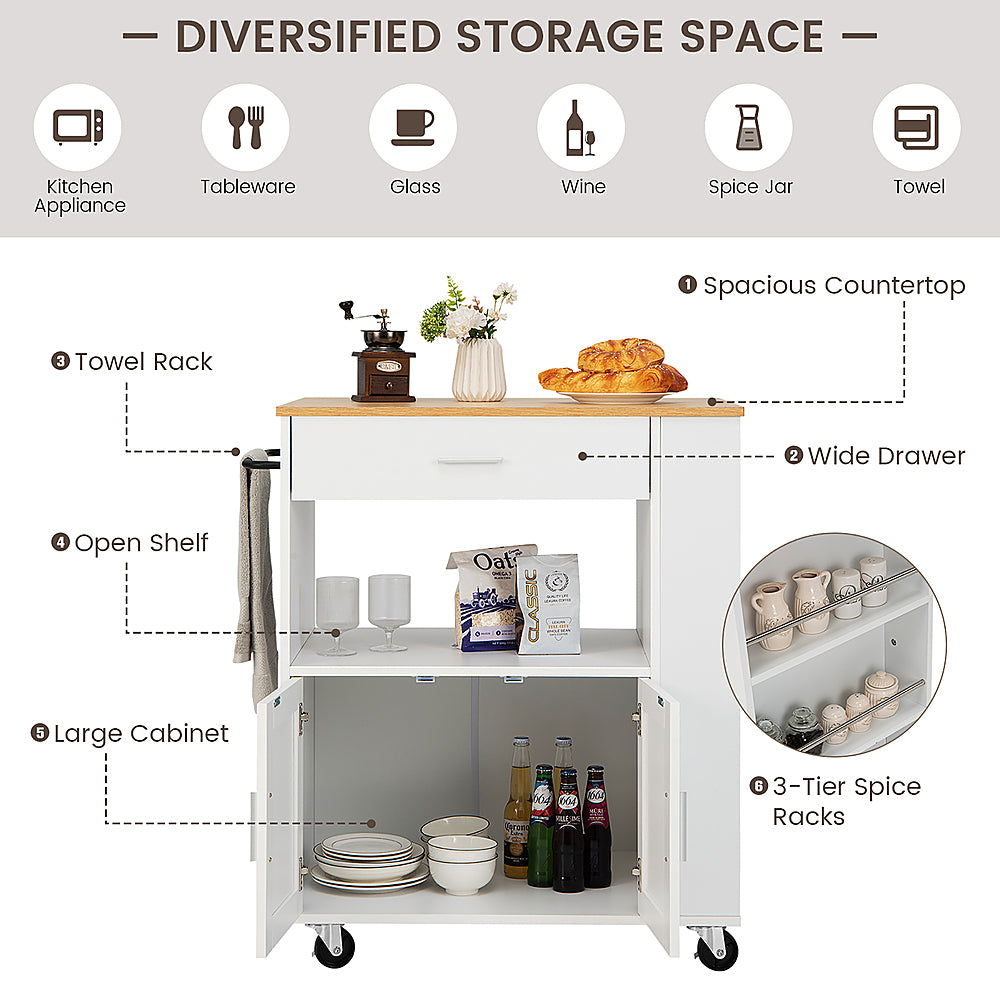 Costway Kitchen Island Cart Rolling Storage Cabinet w/ Drawer & Spice Rack Shelf - White_5