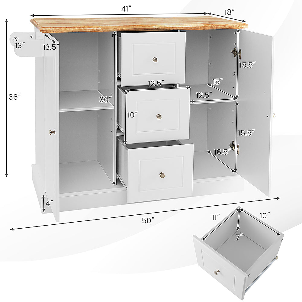 Costway Kitchen Island on Wheels Rolling Utility Cart Drawers Cabinets Spice Rack - White_2