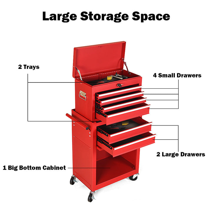 Costway 2 in 1 Rolling Cabinet Storage Chest Box Organizer w/ 6 Drawers - Red_4