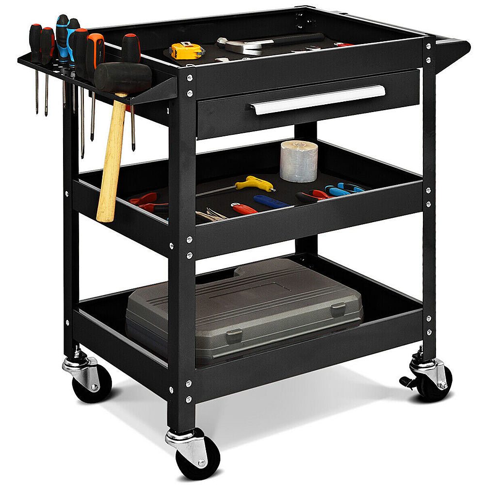 Costway Three Tray Rolling Tool Cart Mechanic Cabinet Storage ToolBox Organizer w/Drawer - Black_0