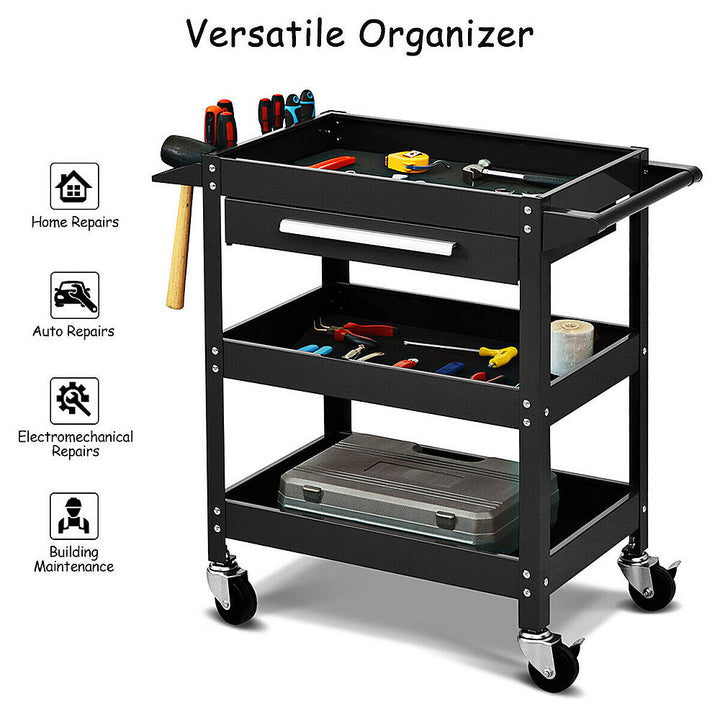 Costway Three Tray Rolling Tool Cart Mechanic Cabinet Storage ToolBox Organizer w/Drawer - Black_5