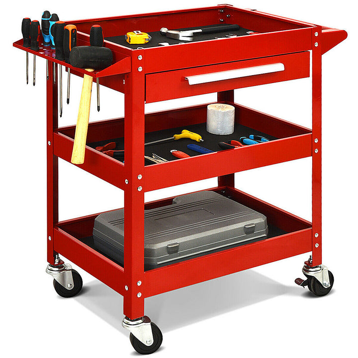 Costway - Three Tray Rolling Tool Cart Mechanic Cabinet Storage ToolBox Organizer w/Drawer - Red_0