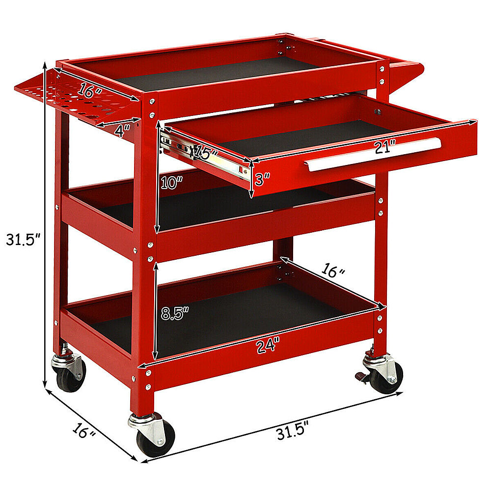 Costway - Three Tray Rolling Tool Cart Mechanic Cabinet Storage ToolBox Organizer w/Drawer - Red_1