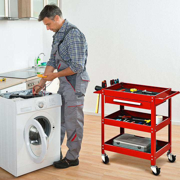 Costway - Three Tray Rolling Tool Cart Mechanic Cabinet Storage ToolBox Organizer w/Drawer - Red_2