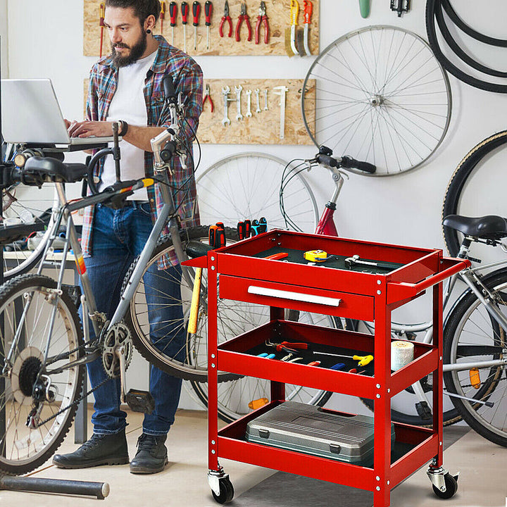 Costway - Three Tray Rolling Tool Cart Mechanic Cabinet Storage ToolBox Organizer w/Drawer - Red_4