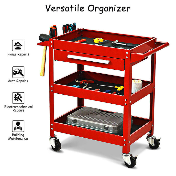 Costway - Three Tray Rolling Tool Cart Mechanic Cabinet Storage ToolBox Organizer w/Drawer - Red_5