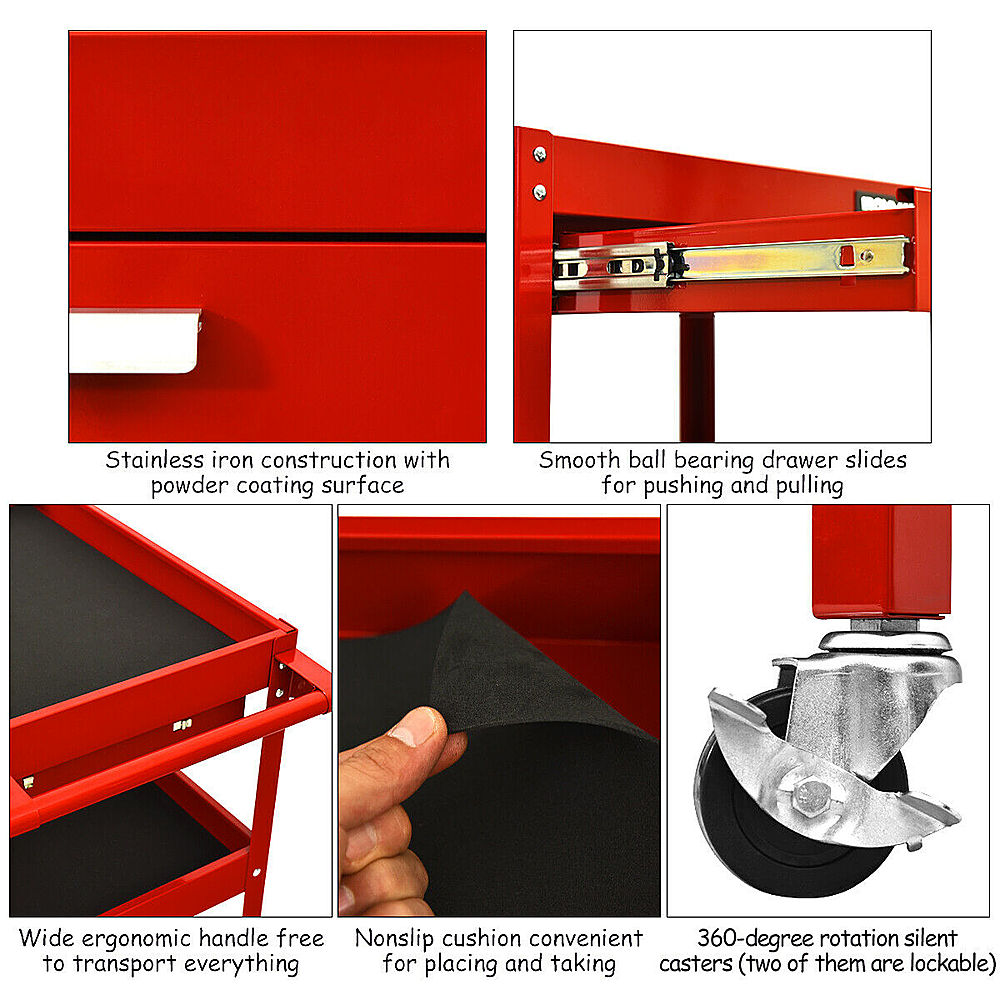 Costway - Three Tray Rolling Tool Cart Mechanic Cabinet Storage ToolBox Organizer w/Drawer - Red_6