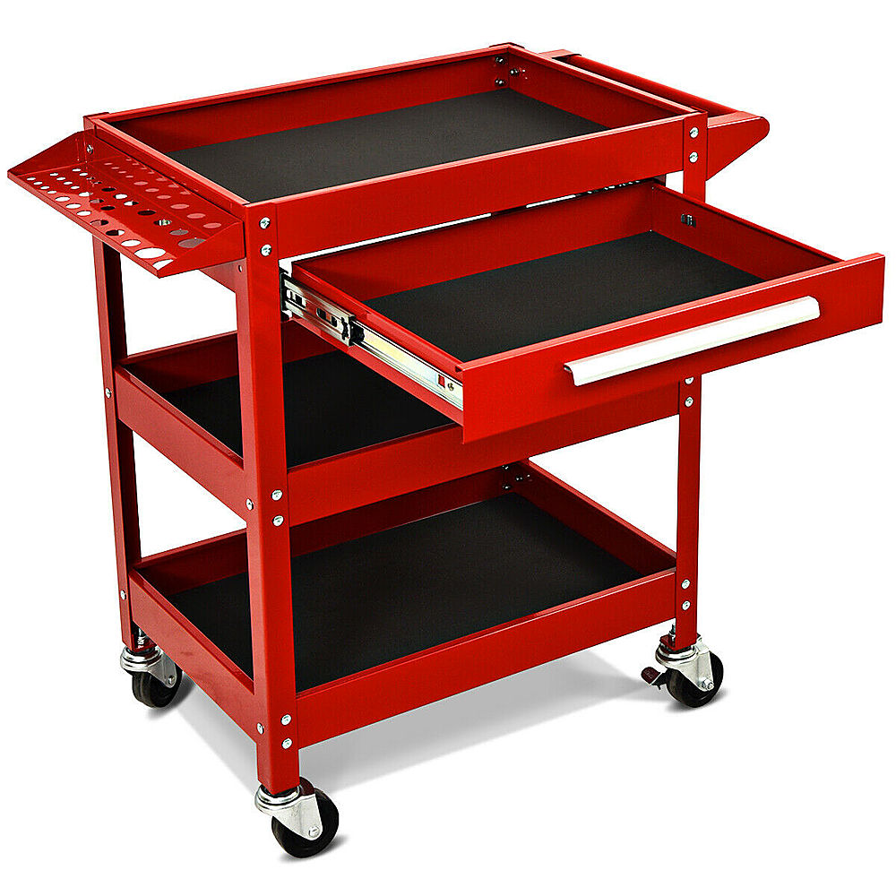 Costway - Three Tray Rolling Tool Cart Mechanic Cabinet Storage ToolBox Organizer w/Drawer - Red_7