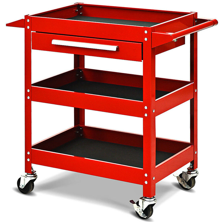 Costway - Three Tray Rolling Tool Cart Mechanic Cabinet Storage ToolBox Organizer w/Drawer - Red_8