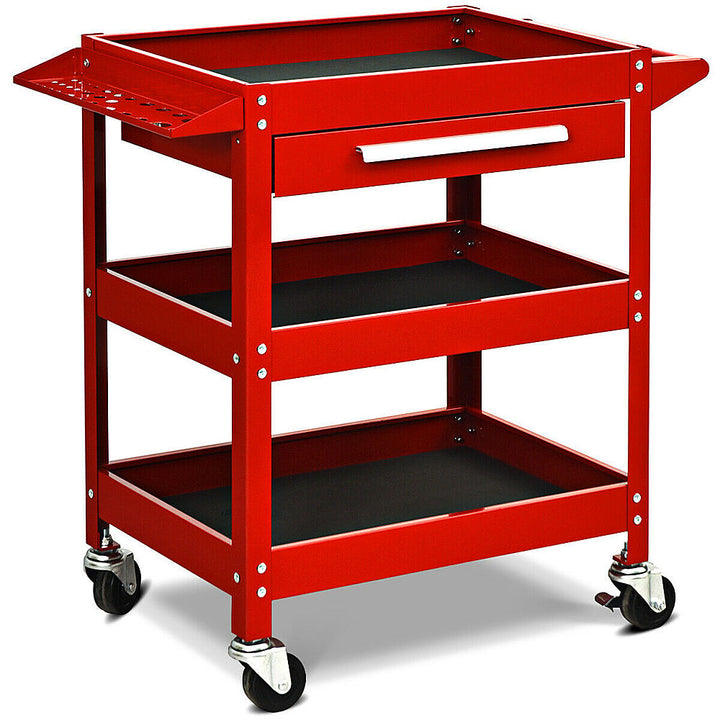 Costway - Three Tray Rolling Tool Cart Mechanic Cabinet Storage ToolBox Organizer w/Drawer - Red_10