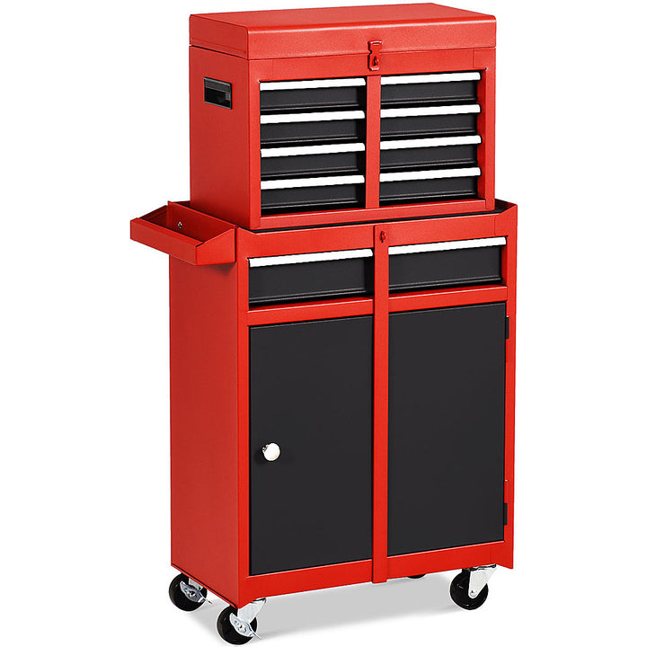 Costway 2 in 1 Tool Chest & Cabinet with 5 Sliding Drawers Rolling Garage Box Organizer - Black/Red_0