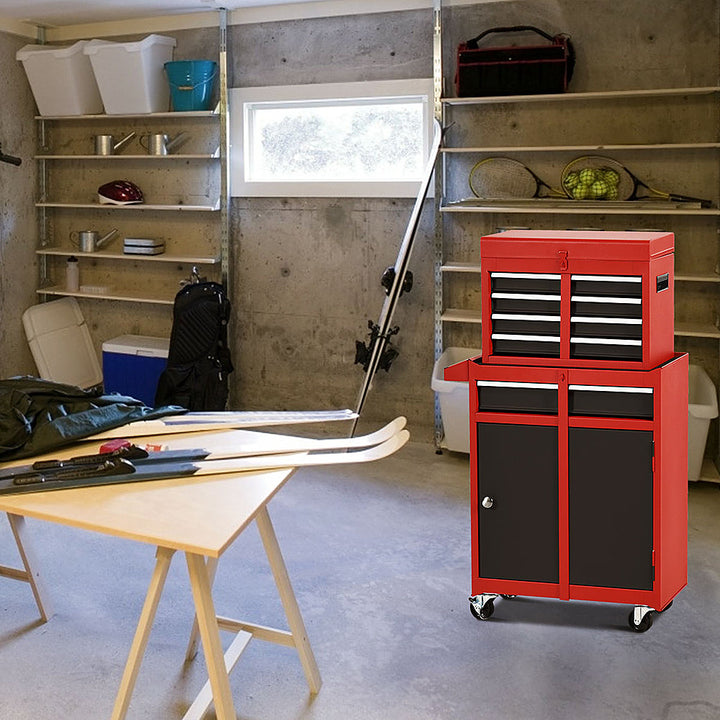 Costway 2 in 1 Tool Chest & Cabinet with 5 Sliding Drawers Rolling Garage Box Organizer - Black/Red_1