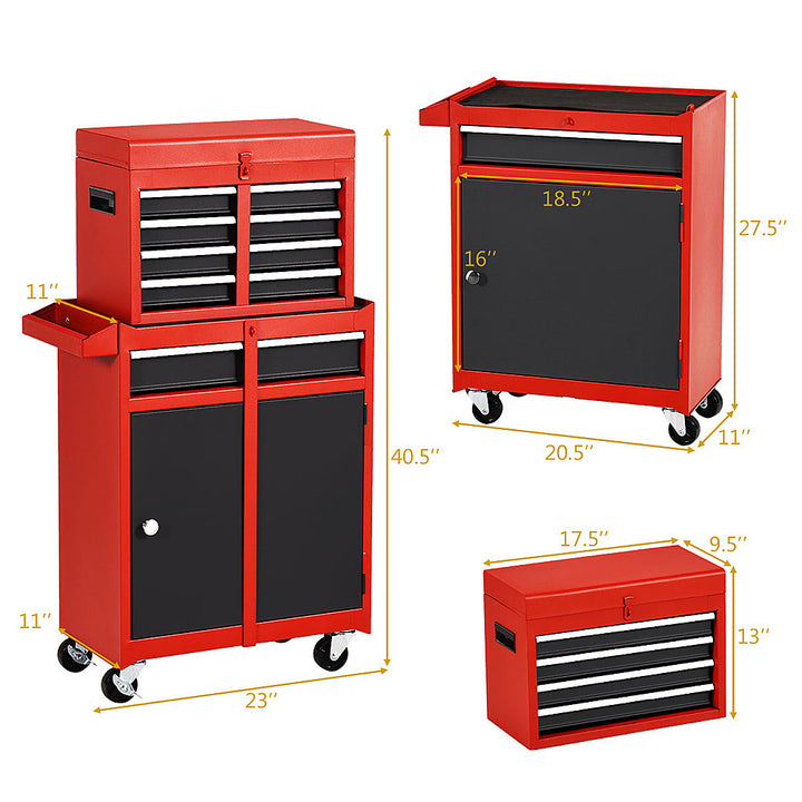 Costway 2 in 1 Tool Chest & Cabinet with 5 Sliding Drawers Rolling Garage Box Organizer - Black/Red_2