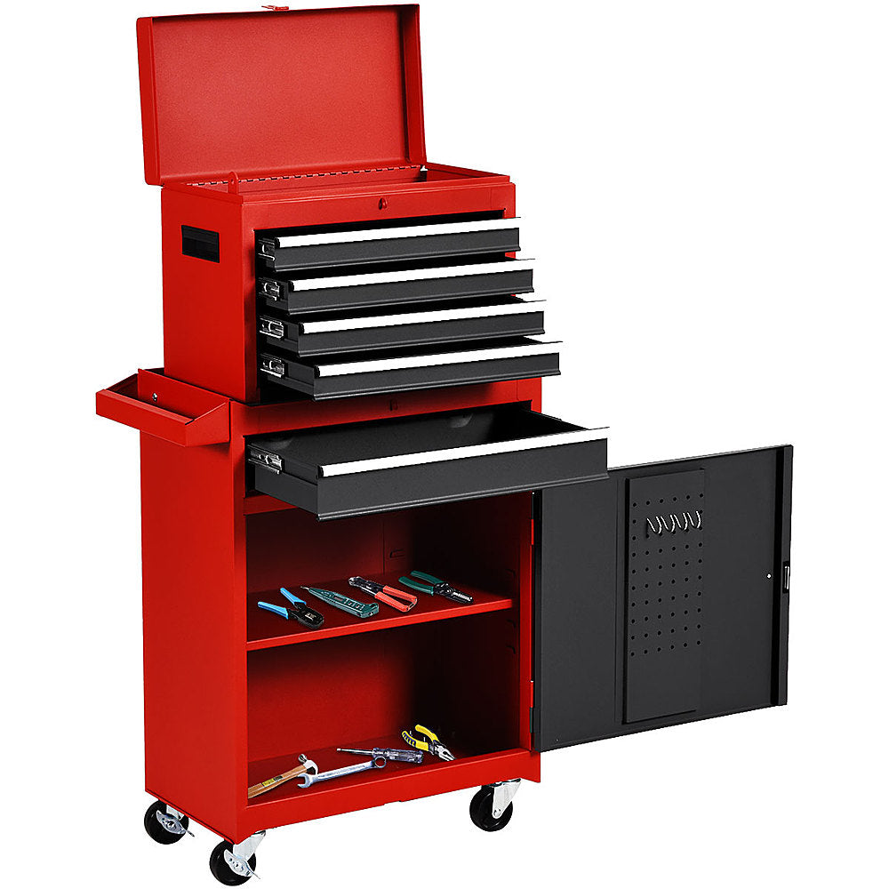 Costway 2 in 1 Tool Chest & Cabinet with 5 Sliding Drawers Rolling Garage Box Organizer - Black/Red_9