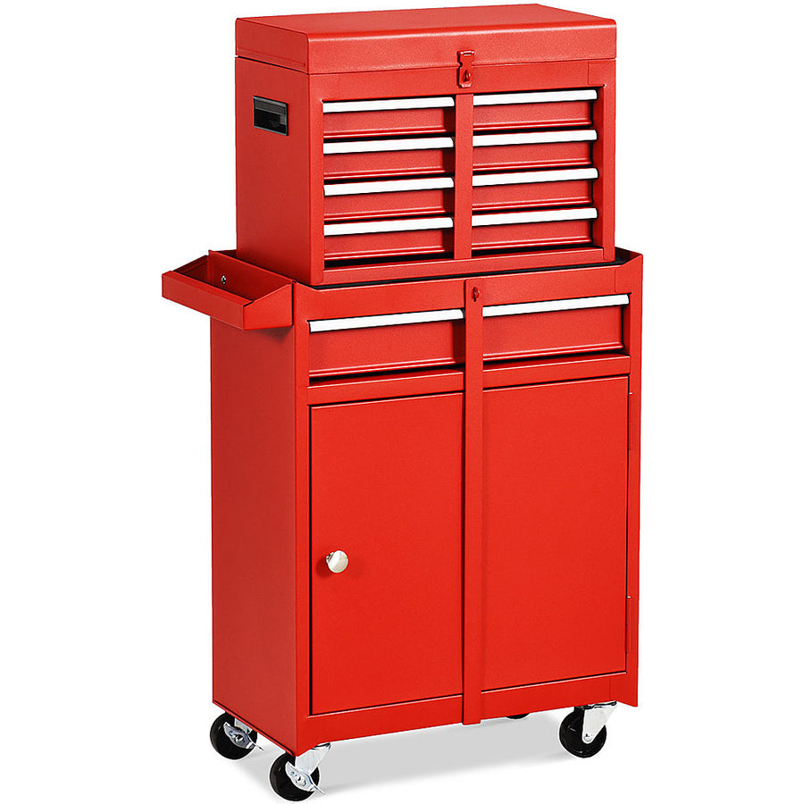 Costway 2 in 1 Tool Chest & Cabinet with 5 Sliding Drawers Rolling Garage Organizer - Red_0