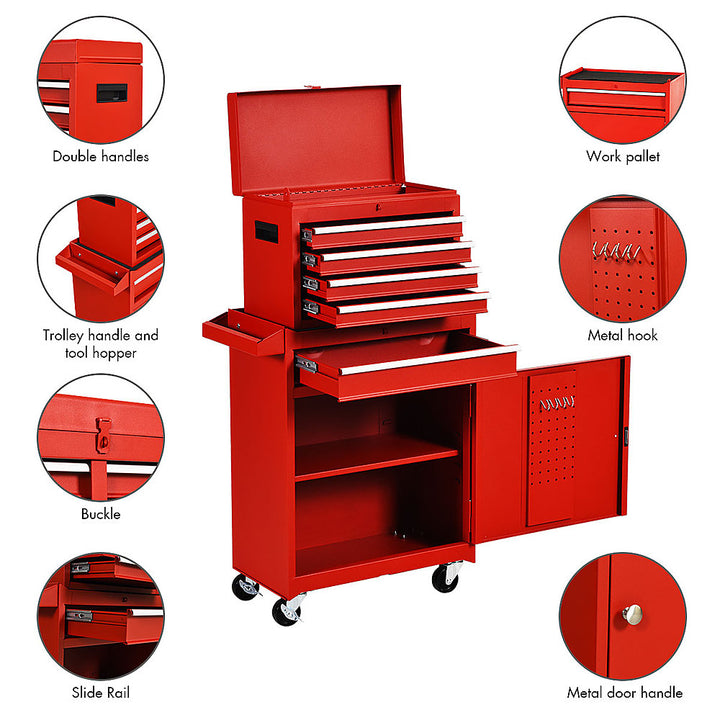 Costway 2 in 1 Tool Chest & Cabinet with 5 Sliding Drawers Rolling Garage Organizer - Red_5