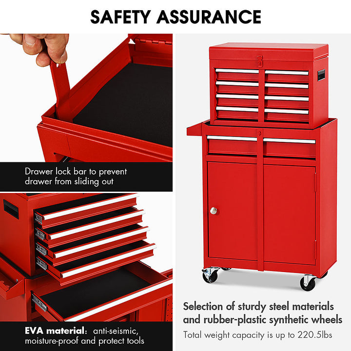 Costway 2 in 1 Tool Chest & Cabinet with 5 Sliding Drawers Rolling Garage Organizer - Red_6