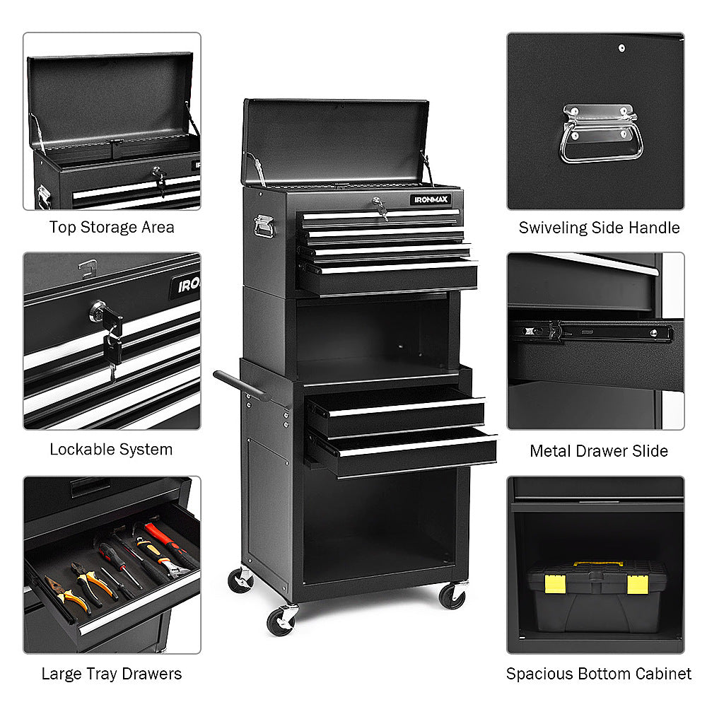 Costway High Capacity 6-Drawer Rolling Tool Chest Storage Cabinet Toolbox Combo w/ Riser - Black_8