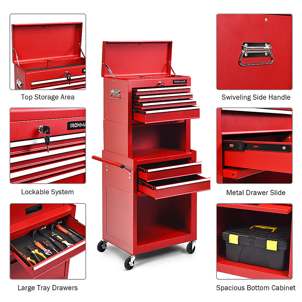 Costway 6-Drawer Rolling Tool Chest Storage Cabinet w/Riser - Red_8