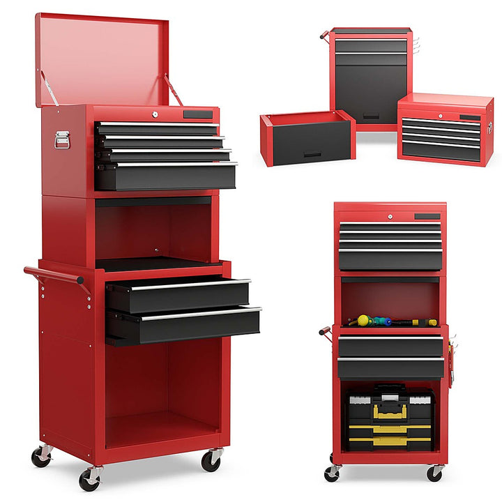 Costway High Capacity 6-Drawer Rolling Tool Chest Storage Cabinet Toolbox Combo with Riser - Black/Red_0