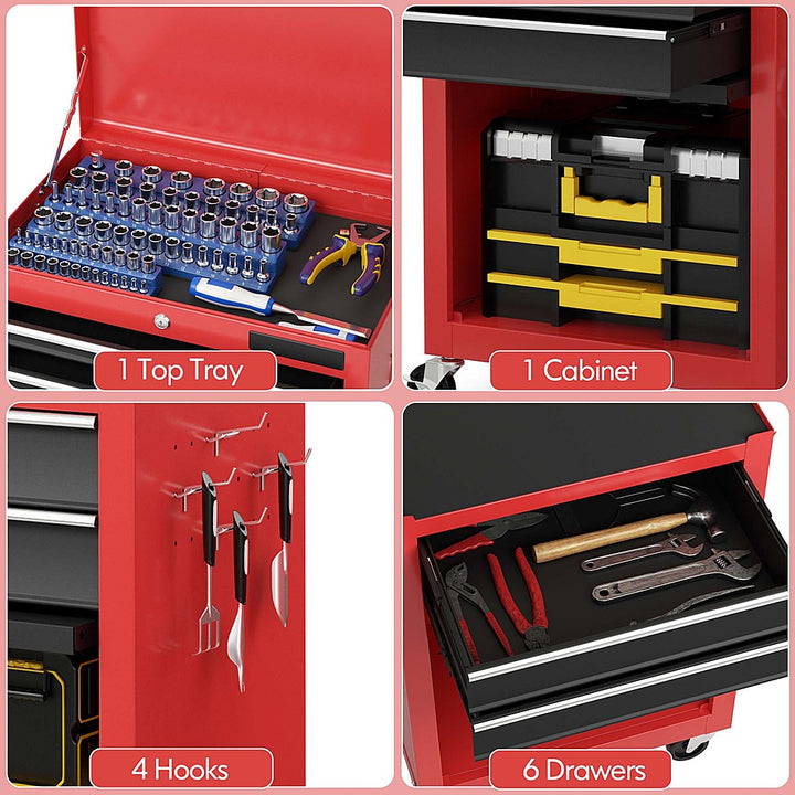 Costway High Capacity 6-Drawer Rolling Tool Chest Storage Cabinet Toolbox Combo with Riser - Black/Red_8