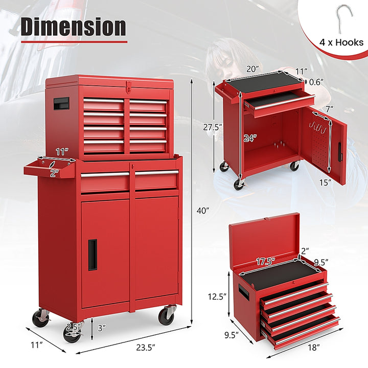 Costway 5-Drawer Rolling Tool Chest Cabinet Metal Tool Storage Box Lockable with Wheels - Red_2