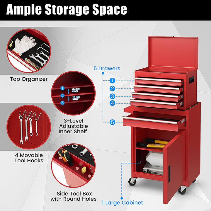 Costway 5-Drawer Rolling Tool Chest Cabinet Metal Tool Storage Box Lockable with Wheels - Red_4