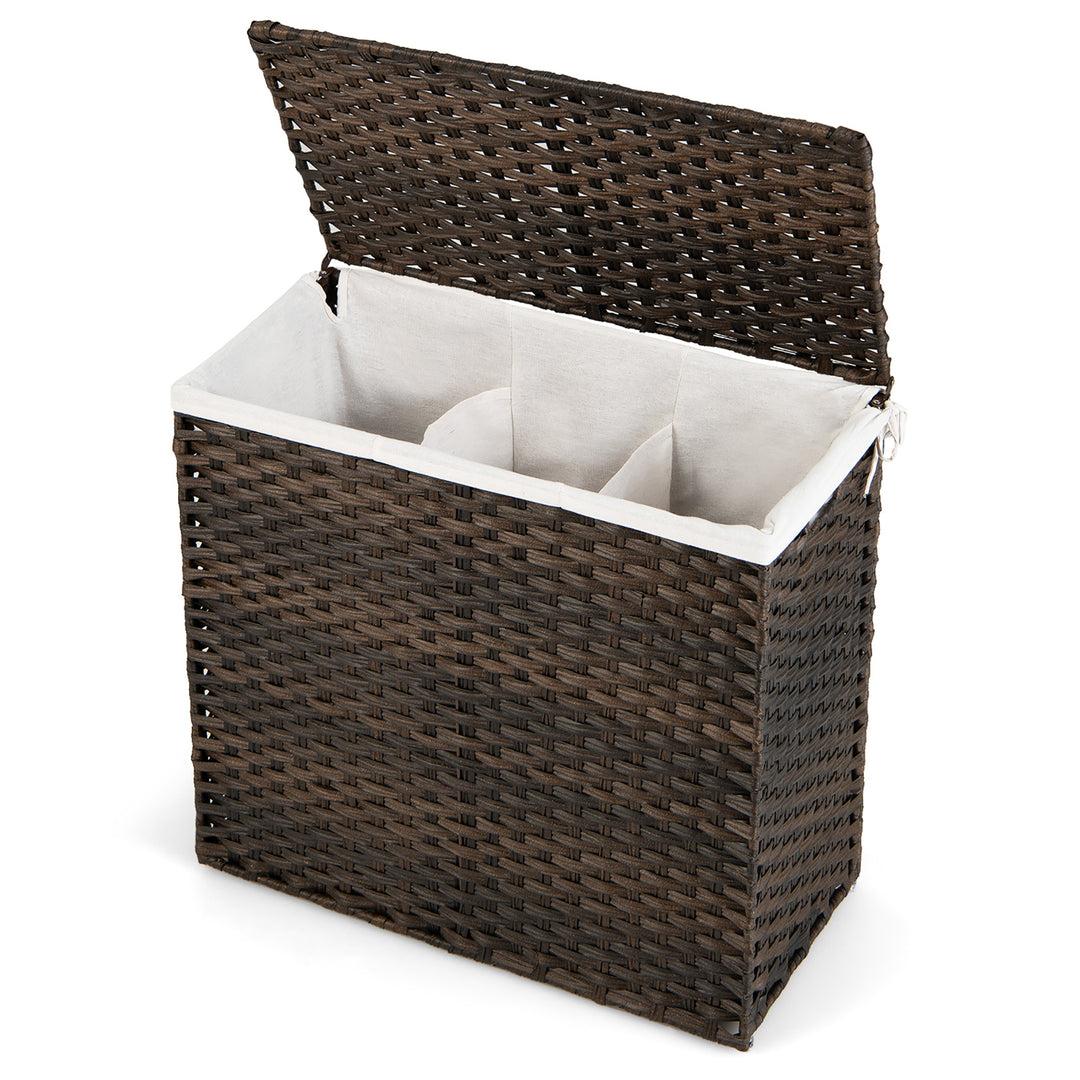 Costway 110L 3-Section Laundry Hamper w/Lid&Handle PE Rattan Clothes Hamper w/Liner Bag - Brown_9