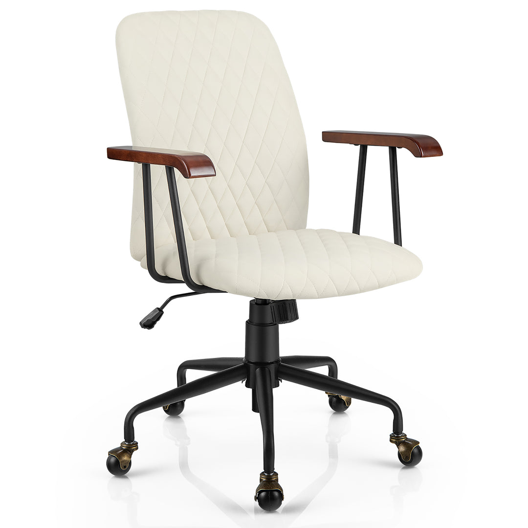 Costway - Velvet Home Office Chair Swivel Adjustable Task Chair with Wooden Armrest - Beige_0