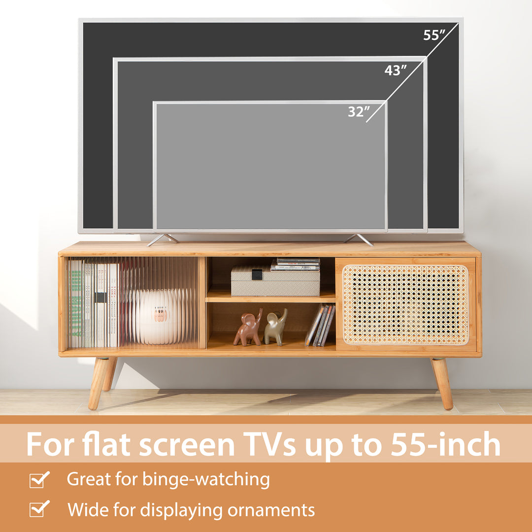 Costway - Modern TV Stand Entertainment Center Media Console w/Rattan  Glass Sliding Doors - Natural_7